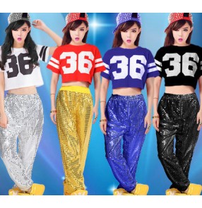 Silver royal blue red black sequins short sleeves girls fashion women's performance jazz ds dj singer hip hop dance costumes outfits dance wear costumes 